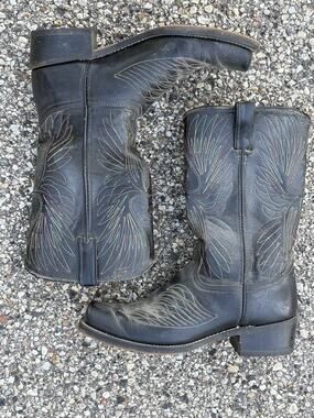 Vintage Cowboy Boots Black Square Toe Stitched Eagle Design Made In USA